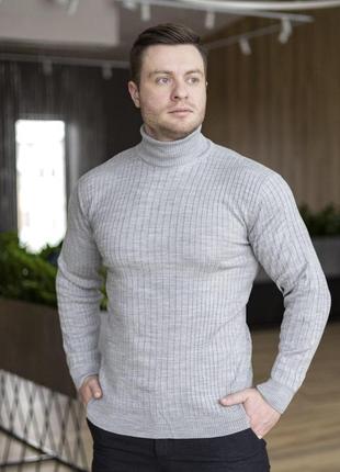 Мужской зимний классический гольф шерстяной серый в полоску | утепленный свитер под горло8 фото
