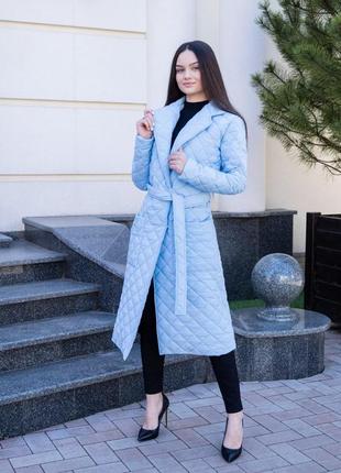 Жіноча куртка-пальто-блакитна в ромб з утеплювачем і поясом без ґудзик двобортна весняна осіня6 фото