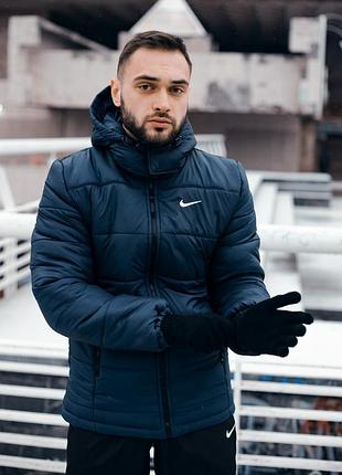 Чоловіча зимова куртка nike синя до -25 °c тепла на флісі з капюшоном  ⁇  чоловічий зимовий пуховик найк