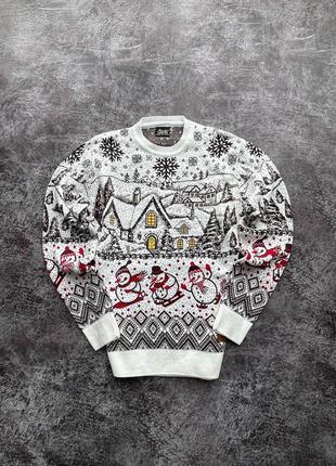 Мужской новогодний свитер с оленями и домиками красный с белым без горла шерстяной5 фото
