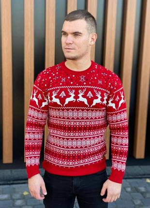 Мужской новогодний свитер с оленями белый без горла шерстяной6 фото