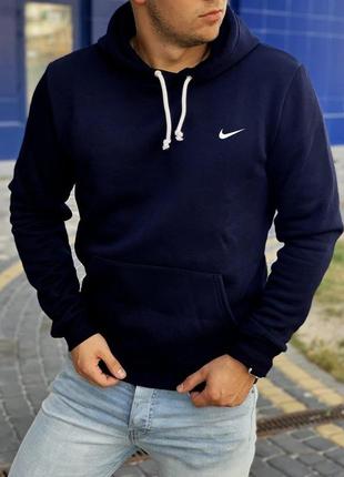 Чоловіче зимове худі nike утеплене синє на флісі  ⁇  чоловіче утеплене толстовка найк синя