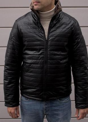 Чоловіча зимова шкіряна куртка на хутрі чорна до -25 °c косуха з хутром8 фото