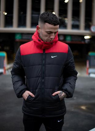 Мужская зимняя куртка nike черная с красным до -25*с теплая на флисе с капюшоном | мужской зимний пуховик найк