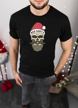 Чоловіча новорічна футболка чорна "bad santa" з новорічним принтом