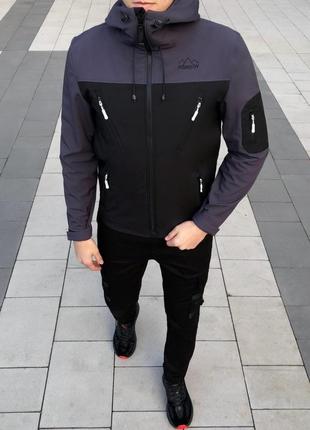 Мужская куртка из soft shell с капюшоном черная с серым осенняя до -0*с | ветровка демисезонная на флисе5 фото