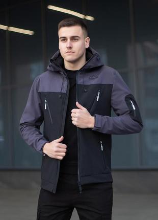 Мужская куртка из soft shell с капюшоном черная с серым осенняя до -0*с | ветровка демисезонная на флисе6 фото