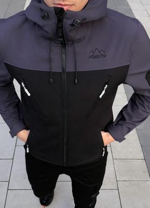 Мужская куртка из soft shell с капюшоном черная с серым осенняя до -0*с | ветровка демисезонная на флисе4 фото