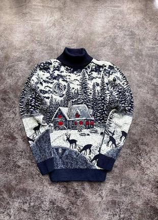 Мужской новогодний свитер с оленями и домиками красный с горлом шерстяной