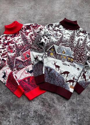 Мужской новогодний свитер с оленями и домиками красный с горлом шерстяной