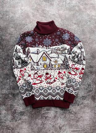 Чоловічий новорічний светр з оленями та будиночками бордовий з білим із горлом вовняний