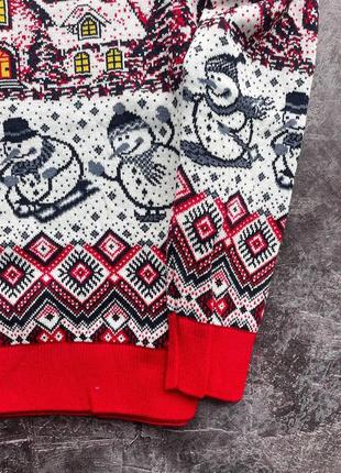 Мужской новогодний свитер с оленями и домиками бордовый с белым с горлом шерстяной5 фото