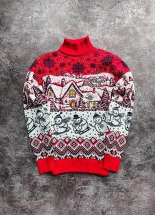 Мужской новогодний свитер с оленями и домиками бордовый с белым с горлом шерстяной4 фото