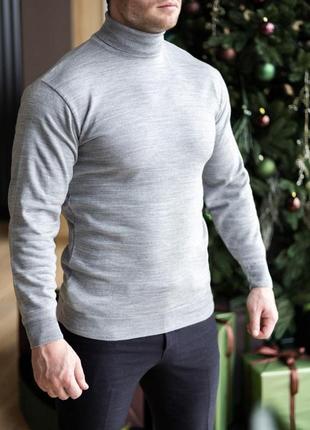 Мужской зимний классический гольф шерстяной серый | утепленный свитер под горло8 фото