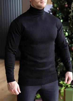 Мужской зимний классический гольф шерстяной черный | утепленный свитер под горло9 фото
