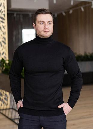 Чоловічий зимовий класичний гольф вовняний чорний  ⁇  утеплений светр під горло