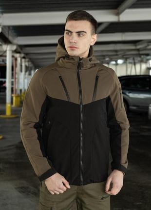 Мужская куртка из soft shell с капюшоном хаки с черным осенняя до -0*с | ветровка демисезонная на флисе