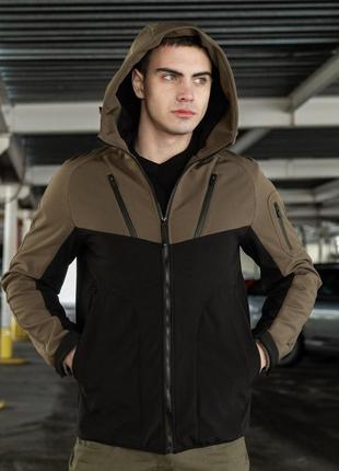 Мужская куртка из soft shell с капюшоном хаки с черным осенняя до -0*с | ветровка демисезонная на флисе5 фото