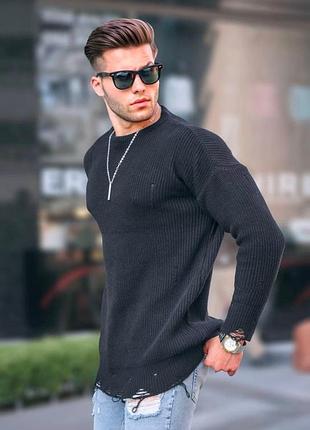 Мужской рваный свитер оверсайз молочный вязанный с дырками