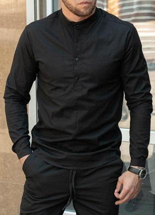 Мужская классическая рубашка черная хлопковая однотонная воротник стойка