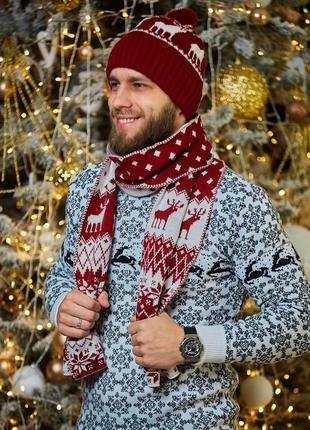 Мужской новогодний комплект шапка + шарф красный с белым до -25*с шерстяной на флисе подарочный набор