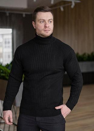 Чоловічий зимовий класичний гольф вовняний чорний у смужку  ⁇  утеплений светр під горло