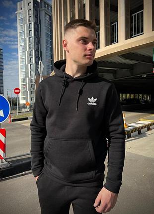 Мужское зимнее худи adidas черное с начесом | мужская кофта адидас на флисе