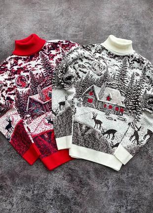 Мужской новогодний свитер с оленями и домиками бордовый с белым с горлом шерстяной8 фото