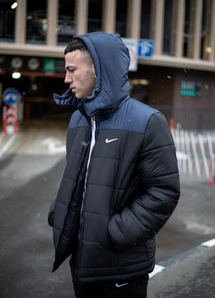 Мужская зимняя куртка nike черная с синим до -25*с теплая на флисе с капюшоном | мужской зимний пуховик найк5 фото