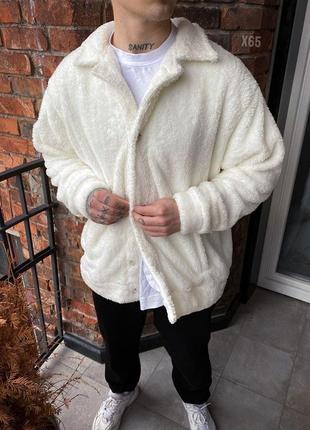 Мужская плюшевая рубашка оверсайз зимняя молочная теплая на флисе3 фото