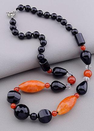 Бусы черный агат, апельсиновый сердолик натуральный камень, длина 52 см.