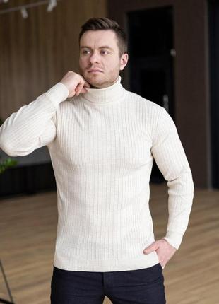 Мужской зимний классический гольф шерстяной молочный в полоску | утепленный свитер под горло7 фото