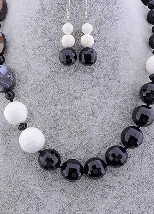 Комплект бусы серьги черный агат натуральный камень, фурнитура серебро 925, длина 70 см.2 фото