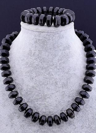 Комплект бусы браслет черный обсидиан натуральный камень, длина 50 см.2 фото