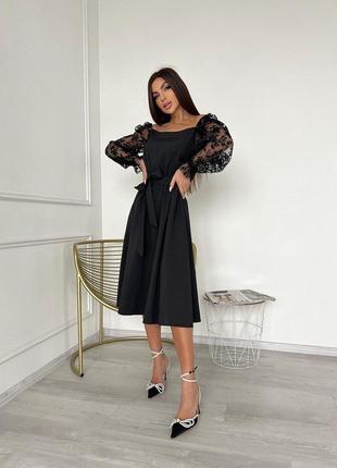 Шикарное платье миди чёрное вечернее с поясом с пышной юбкой расклешенное с прозрачными рукавами фонариками с кружевом с квадратным вырезом
