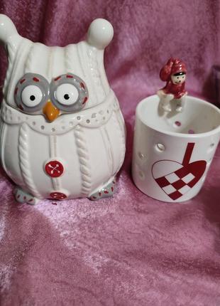 Шкатулка ваза керамика совушка и подсвечник