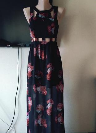 Черное длинное платье в цветы h&m