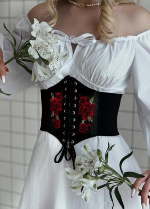 Корсет вишивка жіночий чорний червоні квіти шнурівка резинка пояс на зав'язках на застібках липучка1 фото