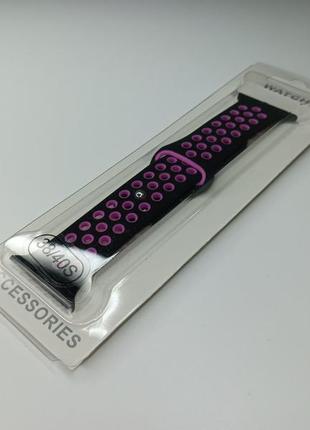 Ремешок для apple watch 38mm/40mm в стиле nike sport band силиконовый браслет черный с фиолетовым5 фото