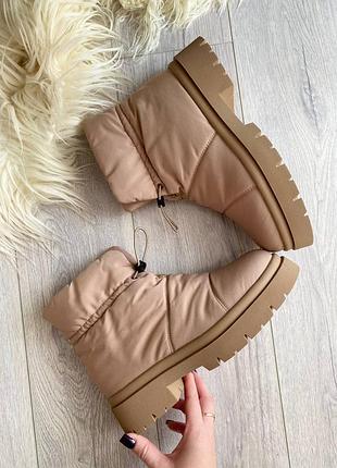 Зимние водонепроницаемые теплые и удобные сапоги на меху бежевые дутики сапожки зима плащевка беж зима