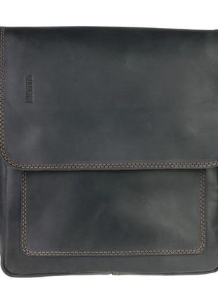 Чоловіча шкіряна сумка через плече планшет меседжер з клапаном чорна коричнева нитка gmsmvp622 фото