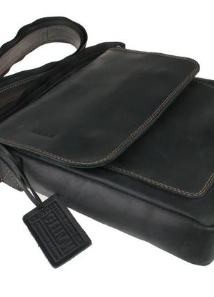 Чоловіча шкіряна сумка через плече планшет меседжер з клапаном чорна коричнева нитка gmsmvp623 фото