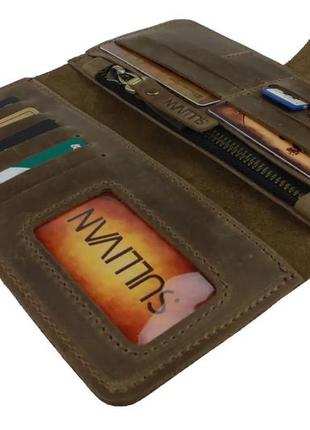 Чоловічий шкіряний гаманець купюрник-ленгер із натуральної шкіри оливковий6 фото