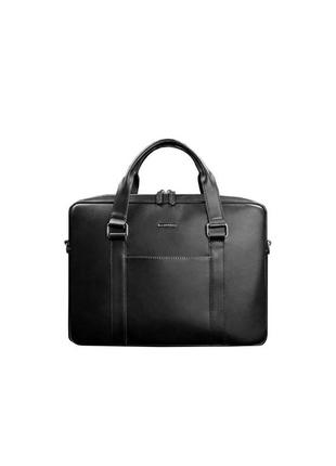 Кожаная мужская сумка для ноутбука и документов большая горизонтальная через плечо с ручками черная10 фото