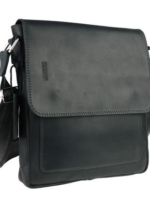 Мужская кожаная сумка через плечо планшет мессенджер с клапаном черная gmsmvp80