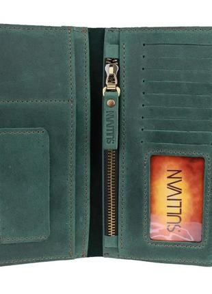 Мужской кожаный кошелек лонгер тревел-кейс с отделом для паспорта из натуральной кожи зеленый