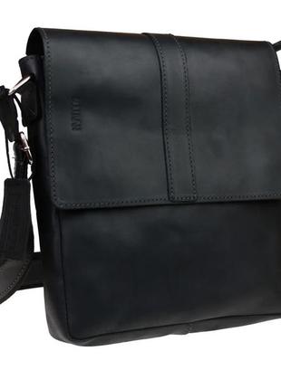 Мужская кожаная сумка через плечо планшет мессенджер с клапаном черная gmsmvp122