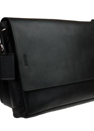 Кожаная мужская сумка для документов а4 с клапаном большая горизонтальная через плечо черная smg172 фото