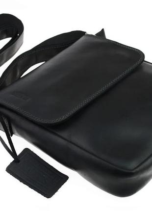 Мужская кожаная сумка через плечо планшет мессенджер с клапаном черная gmsmvp1323 фото