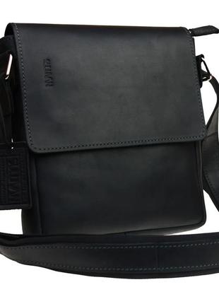 Мужская кожаная сумка через плечо планшет мессенджер с клапаном черная gmsmvp129